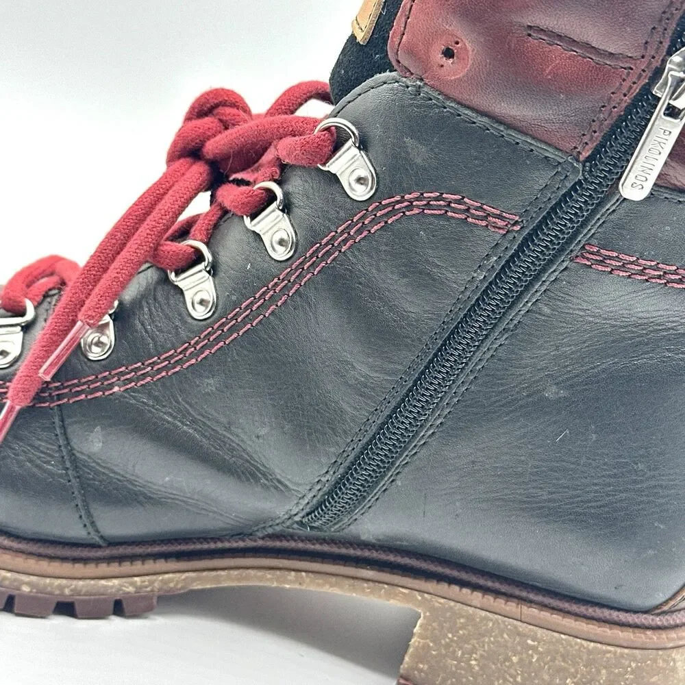 Pikolinos Aspe Leather Boots Womens 7.5-8 EU 38 Black Zip Hiker Red Lace Lug